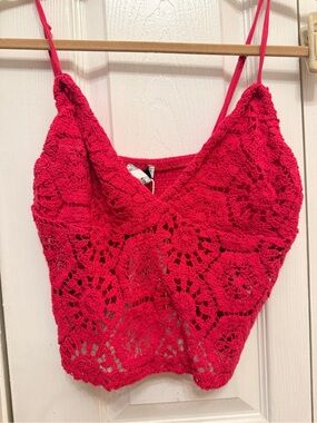 Mango strawberry Red Crochet Lace Spaghetti Strap Crop Top